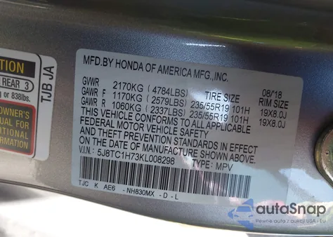 2019 Acura Rdx Advance Package from USA, damaged, VIN 5J8TC1H73KL008298